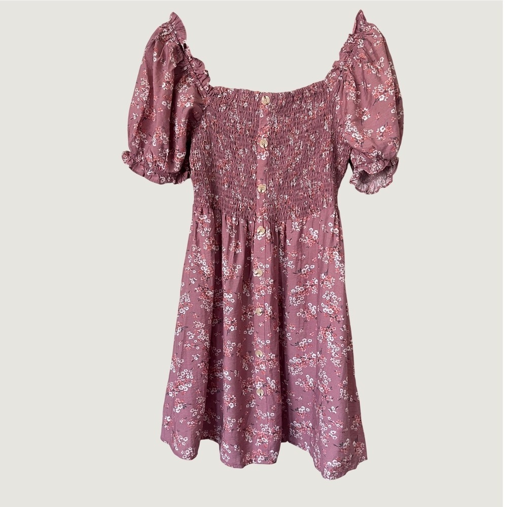 Love Rain Floral Smocked Mini Dress Mauve Cottagecore Puffy Sleeve M